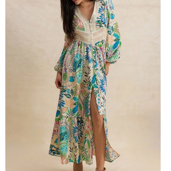 Plus Floral Print V neck Button Down Long Sleeve Maxi Dress - Picture 1 of 6
